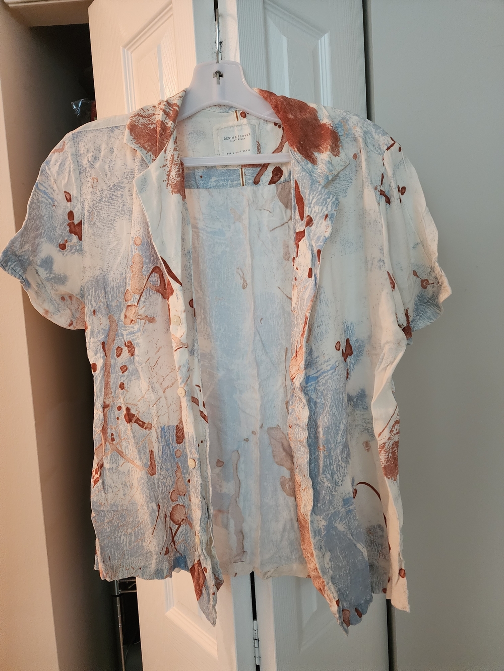 Denim & Flower Cream, Light Blue & Rust Short-Sleeve Button Down Shirt
